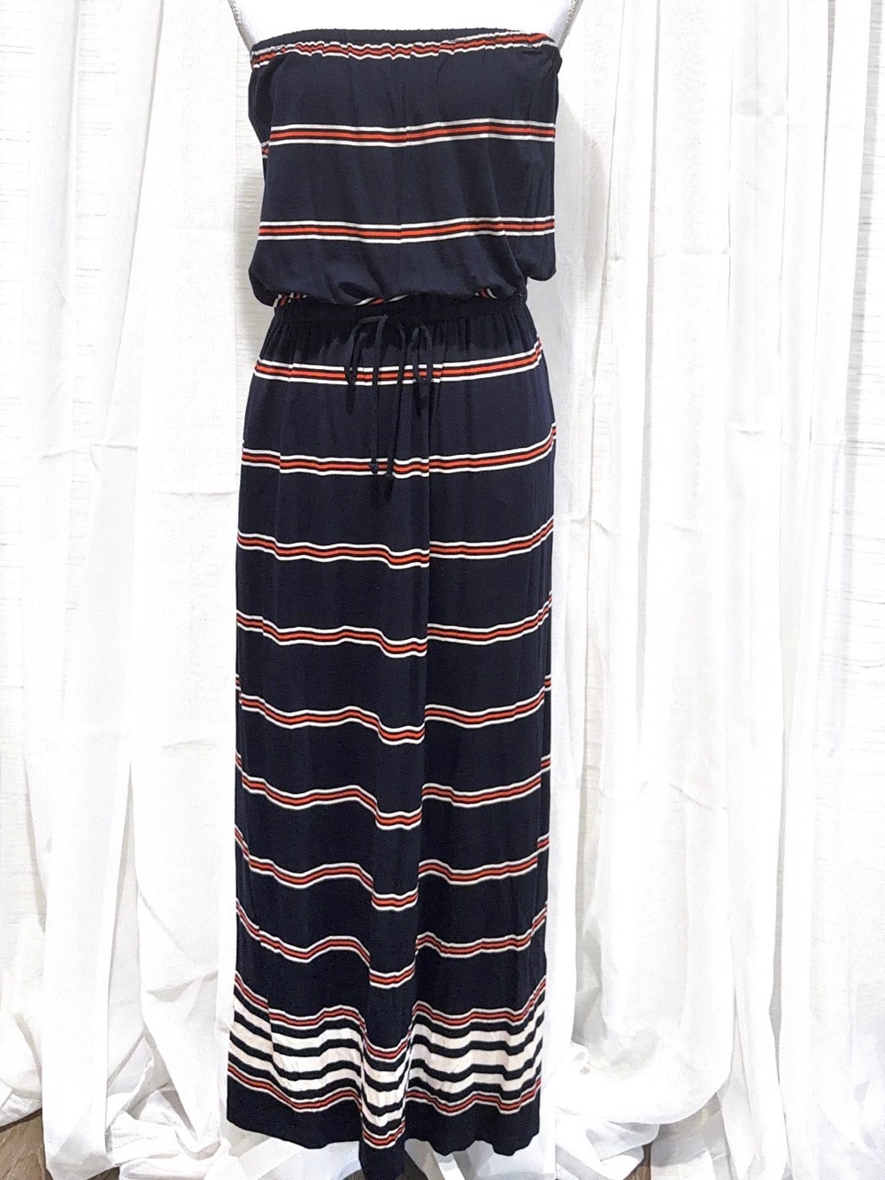 J. Crew Navy Strapless Maxi Dress with Red & White Stripes